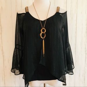 NWT A. Byer Black Flowy Blouse Beaded